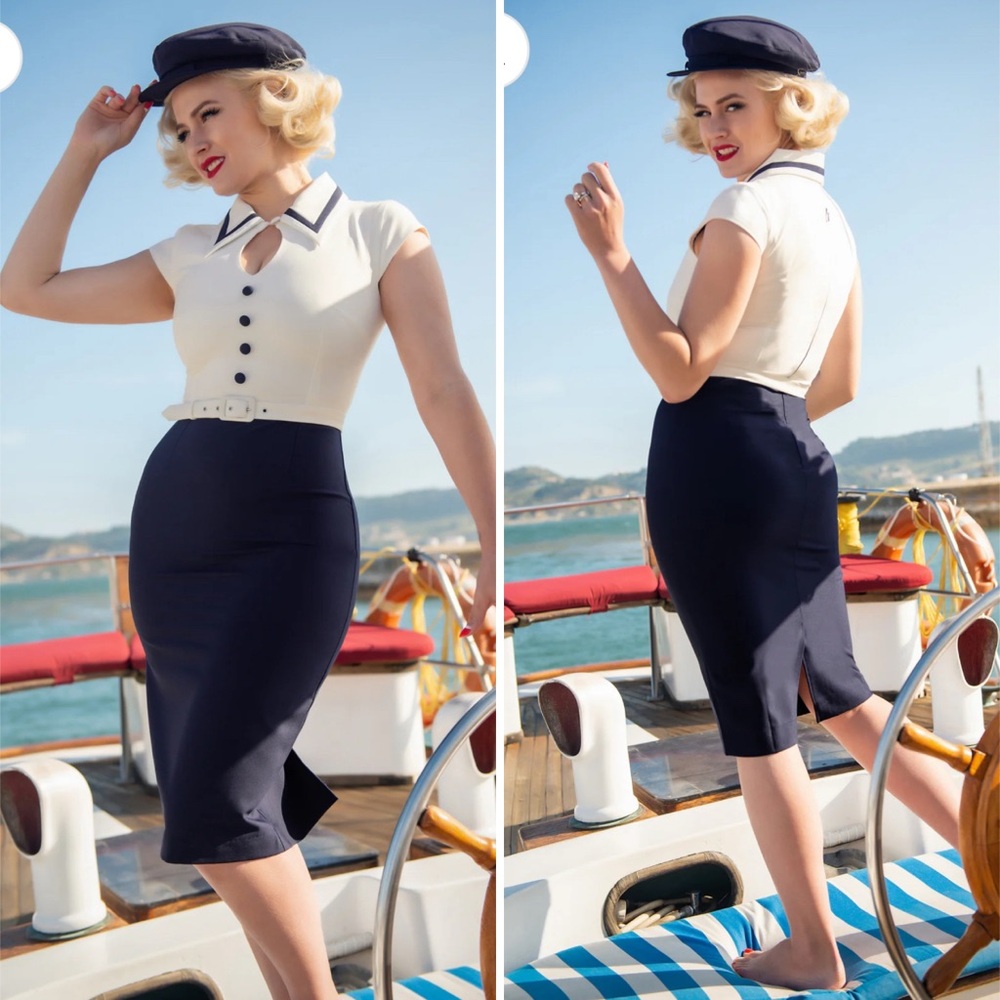 Glamour Bunny NWT! Gina Stretch Pencil Dress In White And Navy Size L